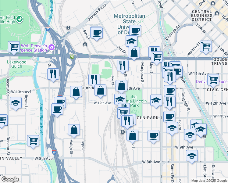 map of restaurants, bars, coffee shops, grocery stores, and more near 1530 West 13th Avenue in Denver