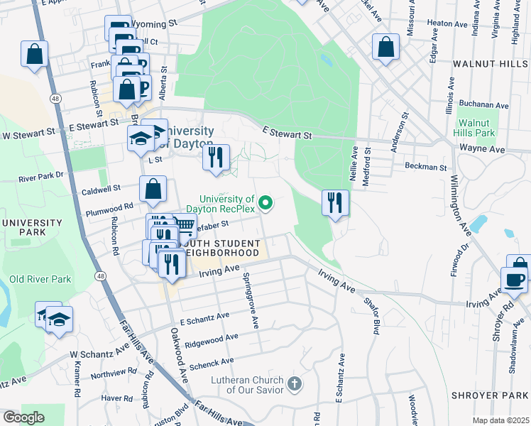 map of restaurants, bars, coffee shops, grocery stores, and more near 2 Evanston Avenue in Dayton