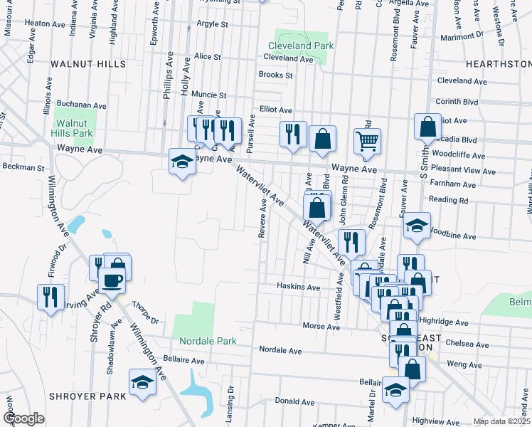 map of restaurants, bars, coffee shops, grocery stores, and more near 2134 Revere Avenue in Dayton