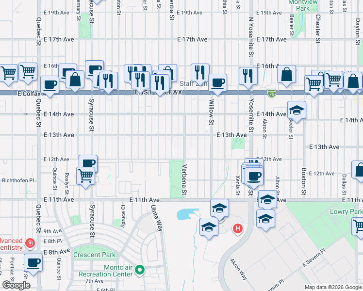 map of restaurants, bars, coffee shops, grocery stores, and more near 1251 Verbena Street in Denver