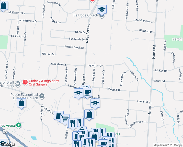 map of restaurants, bars, coffee shops, grocery stores, and more near 1610 North Fairfield Road in Dayton