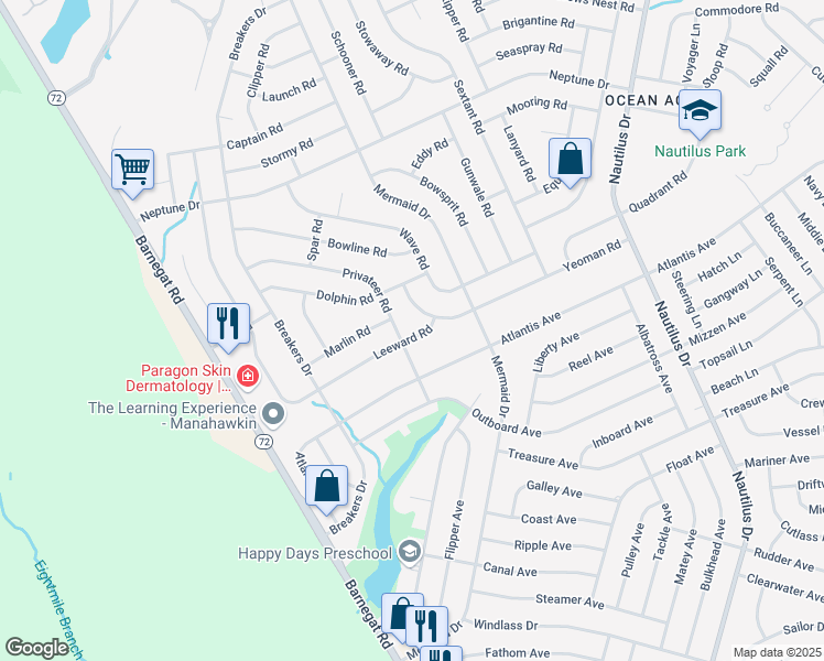 map of restaurants, bars, coffee shops, grocery stores, and more near 112 Leeward Road in Stafford Township