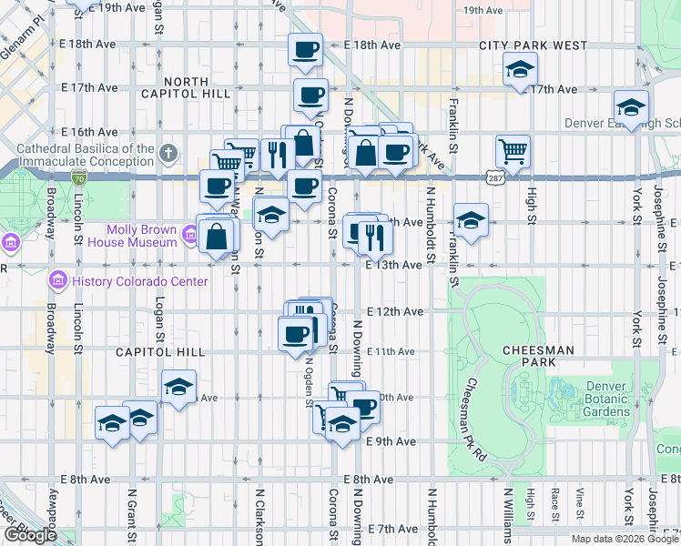 map of restaurants, bars, coffee shops, grocery stores, and more near 1275 Corona Street in Denver