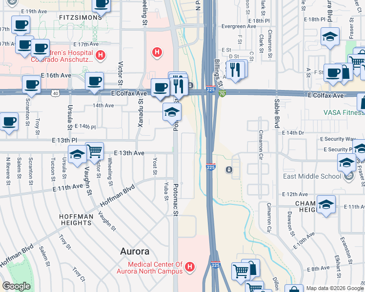 map of restaurants, bars, coffee shops, grocery stores, and more near 13712 East 13th Circle in Aurora