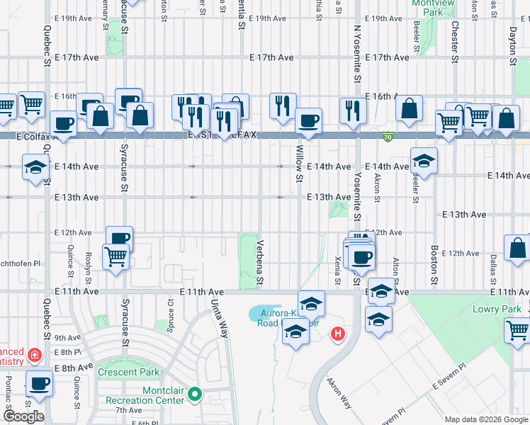 map of restaurants, bars, coffee shops, grocery stores, and more near 1250 Verbena Street in Denver