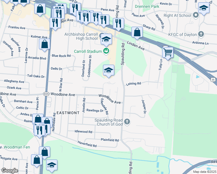 map of restaurants, bars, coffee shops, grocery stores, and more near 1505 Lytton Pl in Dayton