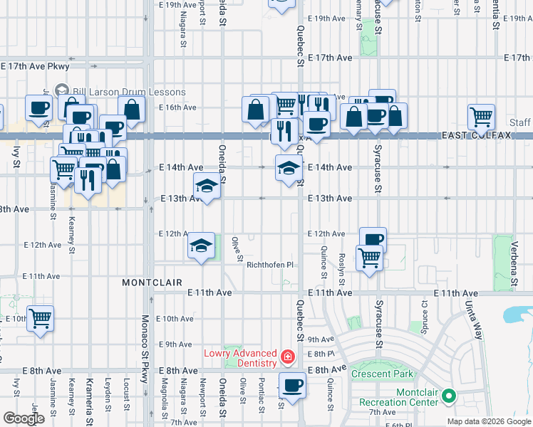 map of restaurants, bars, coffee shops, grocery stores, and more near 1250 Pontiac Street in Denver