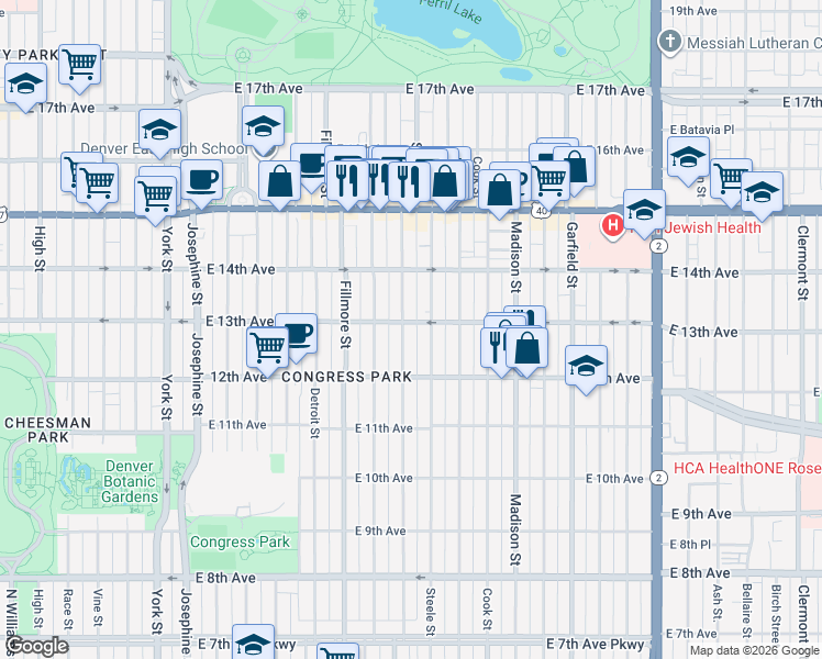 map of restaurants, bars, coffee shops, grocery stores, and more near 1327 Steele Street in Denver