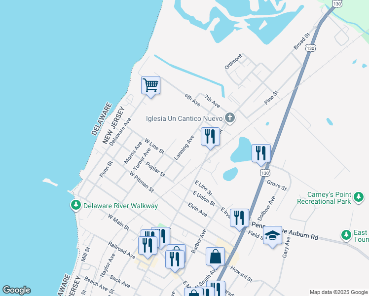 map of restaurants, bars, coffee shops, grocery stores, and more near Lanning Avenue in Carneys Point Township