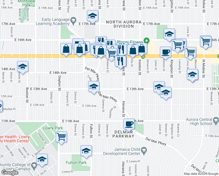 map of restaurants, bars, coffee shops, grocery stores, and more near 1300 Geneva Street in Aurora