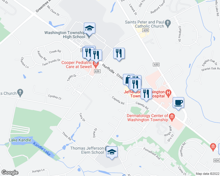 map of restaurants, bars, coffee shops, grocery stores, and more near 14 Camelot Place in Washington Township