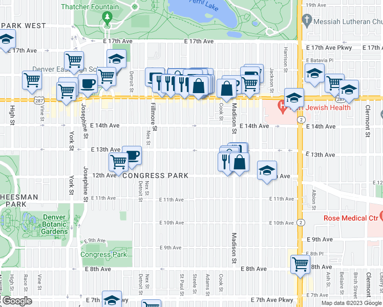 map of restaurants, bars, coffee shops, grocery stores, and more near 3120 East 13th Avenue in Denver