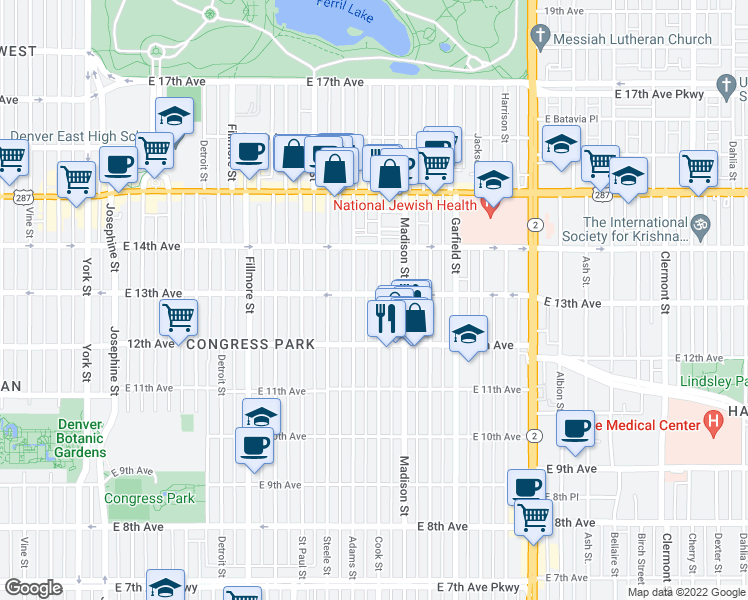 map of restaurants, bars, coffee shops, grocery stores, and more near 3328 East 13th Avenue in Denver