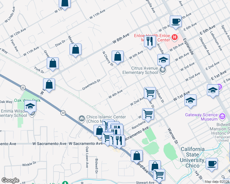 map of restaurants, bars, coffee shops, grocery stores, and more near 802 West 4th Avenue in Chico