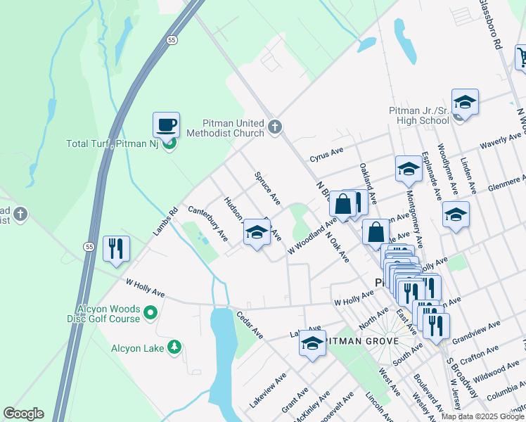 map of restaurants, bars, coffee shops, grocery stores, and more near 503 Elm Avenue in Pitman