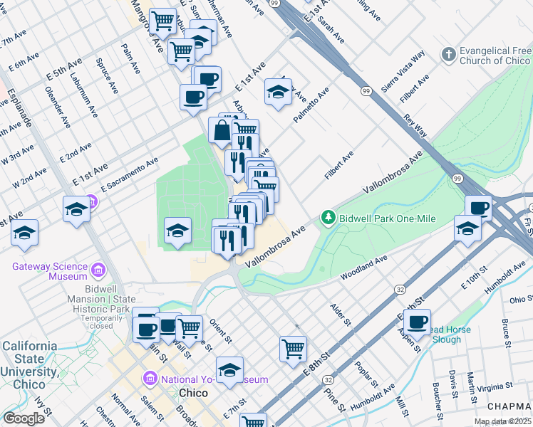 map of restaurants, bars, coffee shops, grocery stores, and more near 720 Mangrove Avenue in Chico