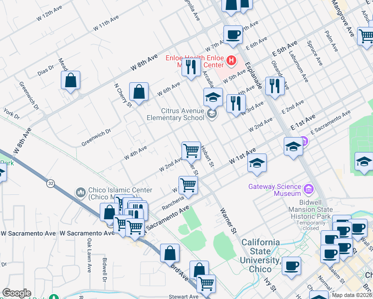 map of restaurants, bars, coffee shops, grocery stores, and more near 536 West 2nd Avenue in Chico