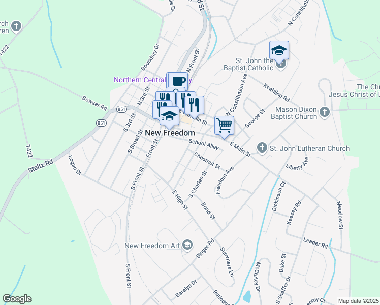 map of restaurants, bars, coffee shops, grocery stores, and more near 24 South Constitution Avenue in New Freedom