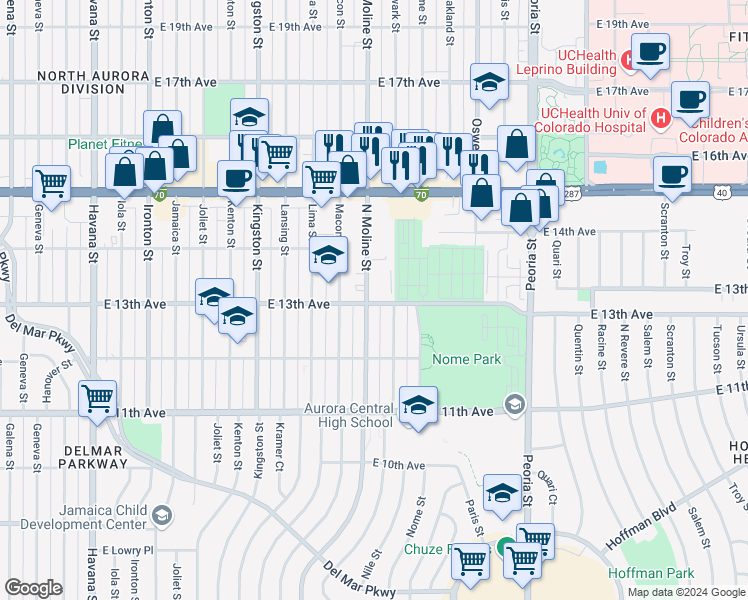 map of restaurants, bars, coffee shops, grocery stores, and more near 1301 Moline Street in Aurora