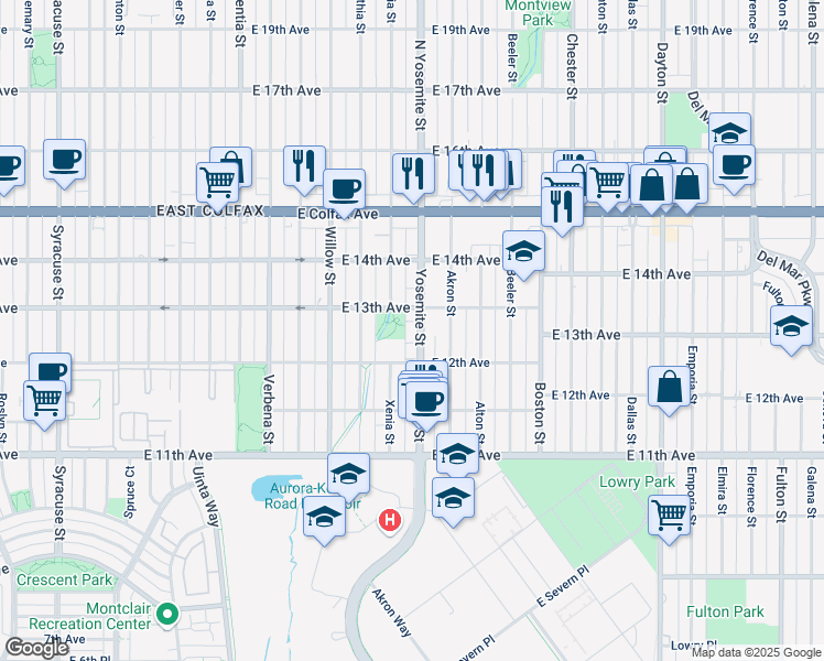 map of restaurants, bars, coffee shops, grocery stores, and more near 1260 Yosemite Street in Denver