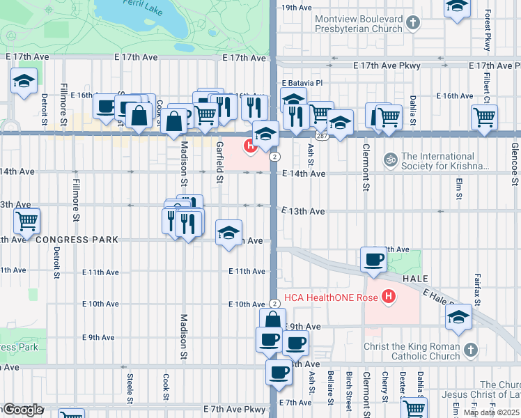 map of restaurants, bars, coffee shops, grocery stores, and more near 1268 Harrison Street in Denver