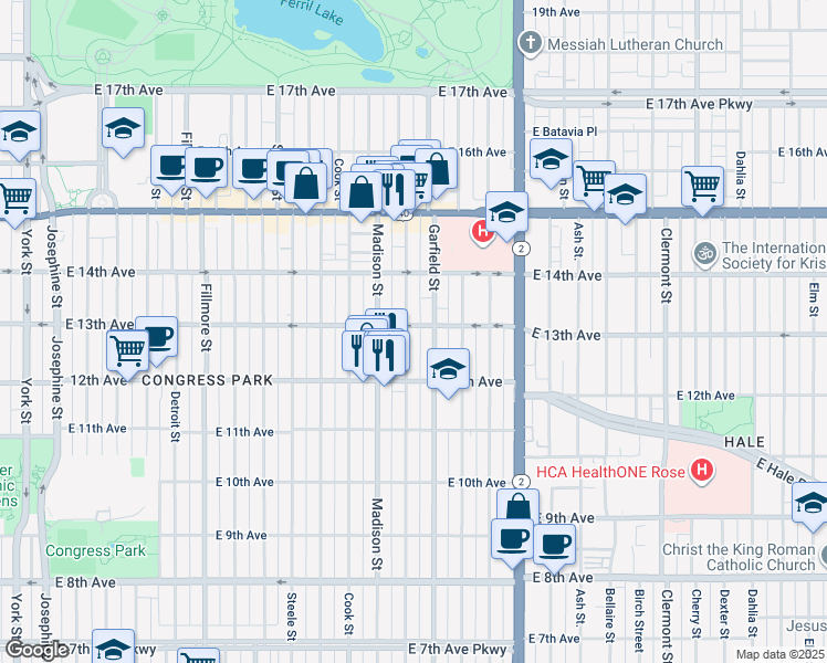 map of restaurants, bars, coffee shops, grocery stores, and more near in Denver