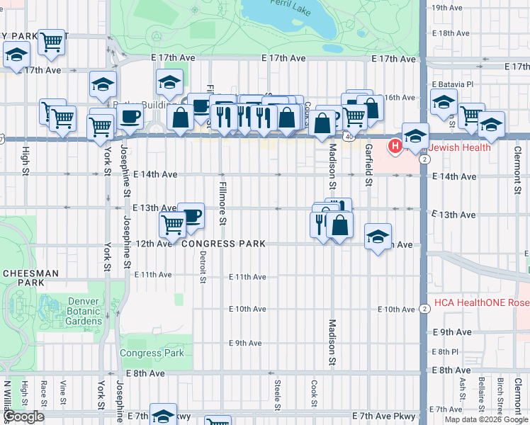 map of restaurants, bars, coffee shops, grocery stores, and more near 1327 Steele Street in Denver