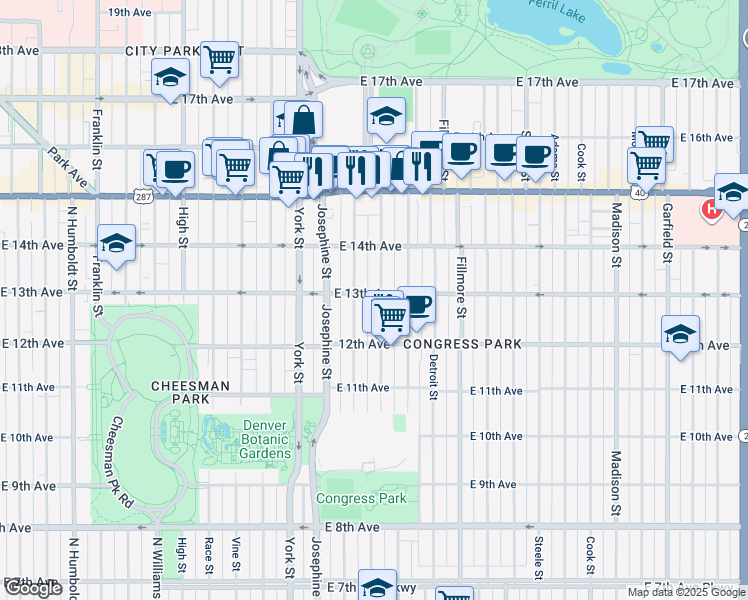 map of restaurants, bars, coffee shops, grocery stores, and more near 1265 Elizabeth Street in Denver