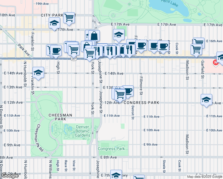 map of restaurants, bars, coffee shops, grocery stores, and more near 1265 Elizabeth Street in Denver