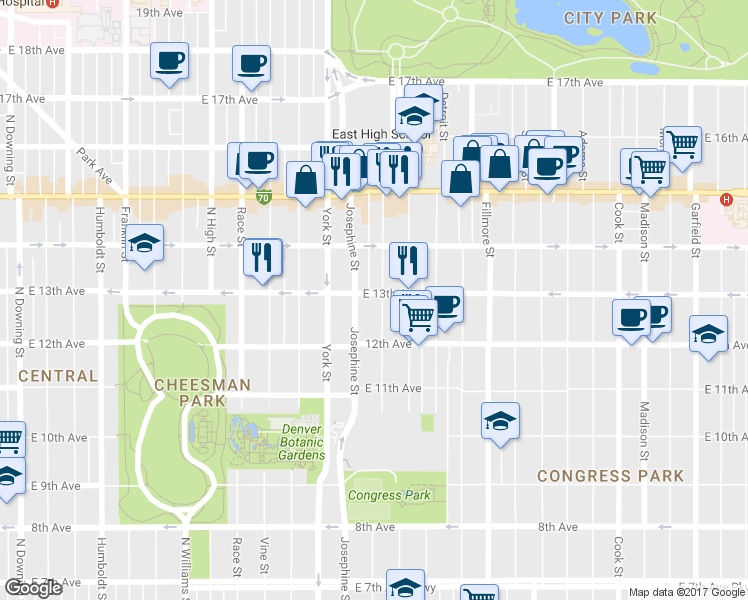map of restaurants, bars, coffee shops, grocery stores, and more near 1269 Columbine Street in Denver