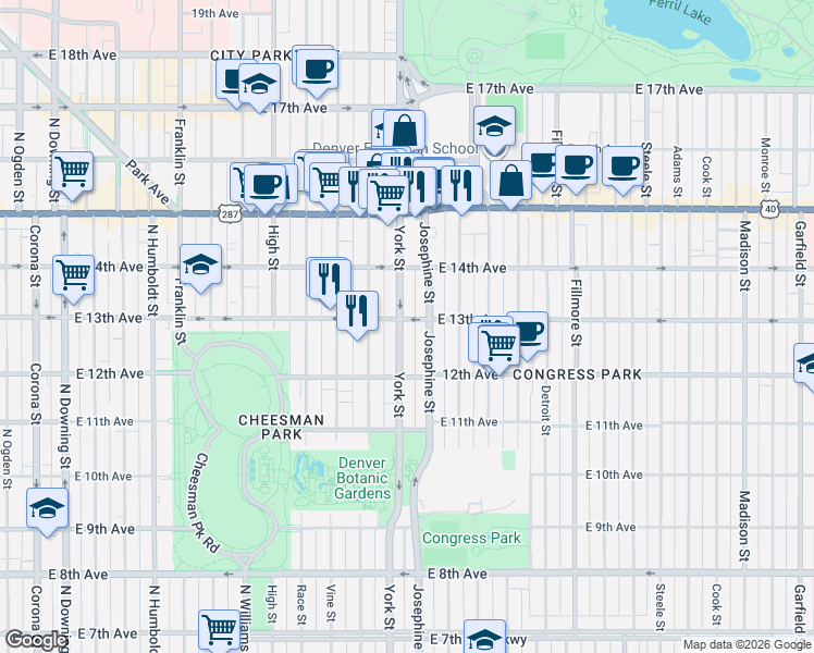 map of restaurants, bars, coffee shops, grocery stores, and more near 1260 York Street in Denver