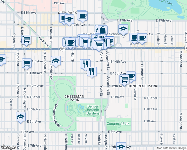 map of restaurants, bars, coffee shops, grocery stores, and more near 1272 North Gaylord Street in Denver