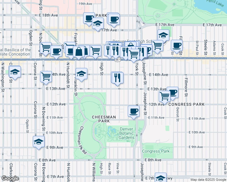 map of restaurants, bars, coffee shops, grocery stores, and more near in Denver