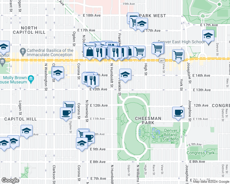 map of restaurants, bars, coffee shops, grocery stores, and more near in Denver