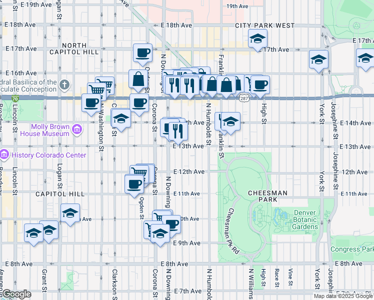 map of restaurants, bars, coffee shops, grocery stores, and more near 1270 North Marion Street in Denver
