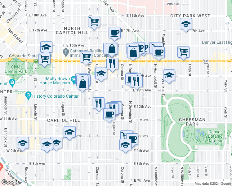 map of restaurants, bars, coffee shops, grocery stores, and more near 1275 Corona Street in Denver