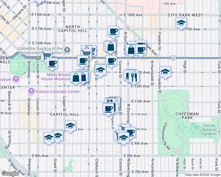 map of restaurants, bars, coffee shops, grocery stores, and more near 1276 Emerson Street in Denver