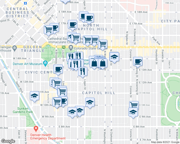 map of restaurants, bars, coffee shops, grocery stores, and more near 1250 Logan Street in Denver
