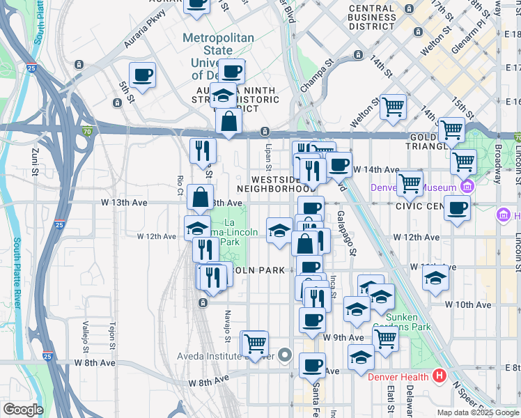map of restaurants, bars, coffee shops, grocery stores, and more near 1264 Lipan Street in Denver