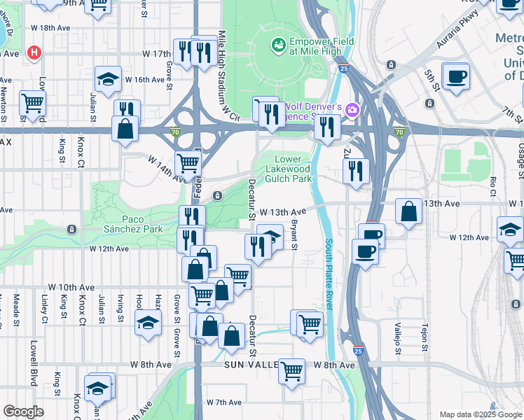 map of restaurants, bars, coffee shops, grocery stores, and more near 2728 West 13th Avenue in Denver