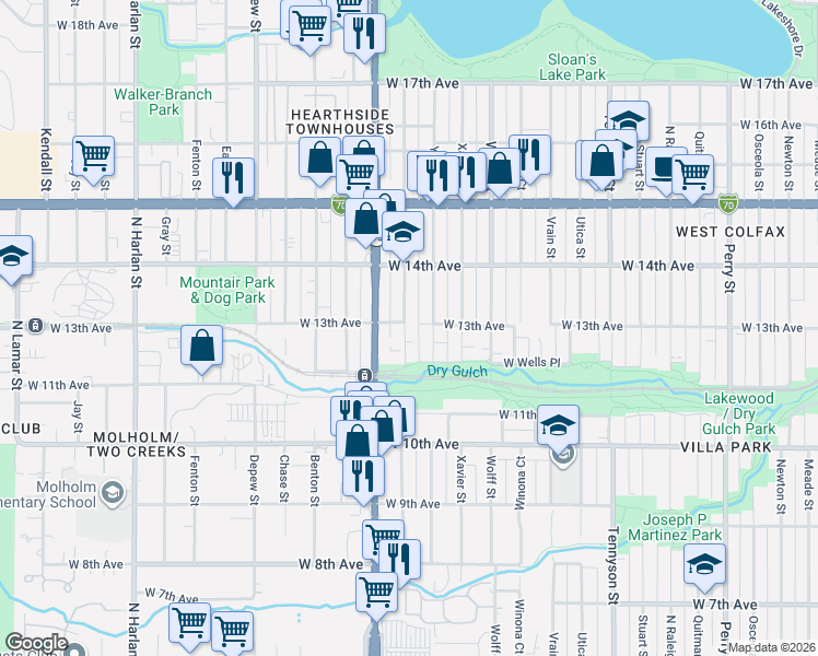 map of restaurants, bars, coffee shops, grocery stores, and more near in Lakewood