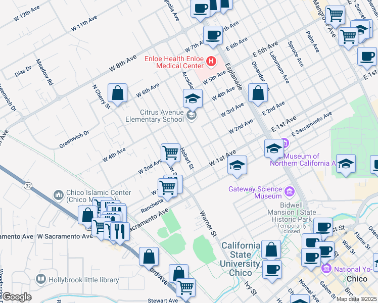 map of restaurants, bars, coffee shops, grocery stores, and more near 1170A Hobart Street in Chico