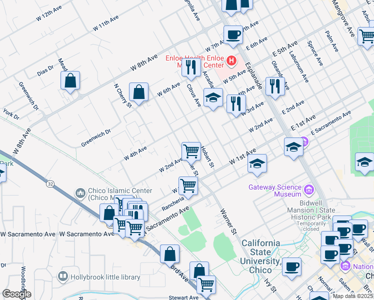 map of restaurants, bars, coffee shops, grocery stores, and more near 536 West 2nd Avenue in Chico