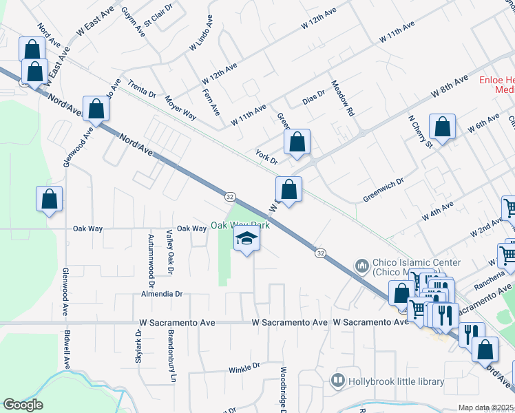 map of restaurants, bars, coffee shops, grocery stores, and more near 1828 Nord Avenue in Chico