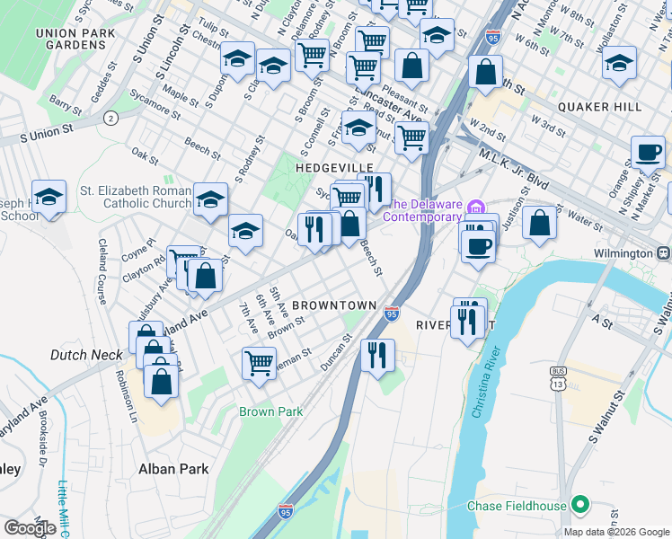 map of restaurants, bars, coffee shops, grocery stores, and more near 807 Anchorage Street in Wilmington