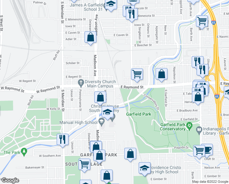 map of restaurants, bars, coffee shops, grocery stores, and more near 2204 Ransdell Street in Indianapolis