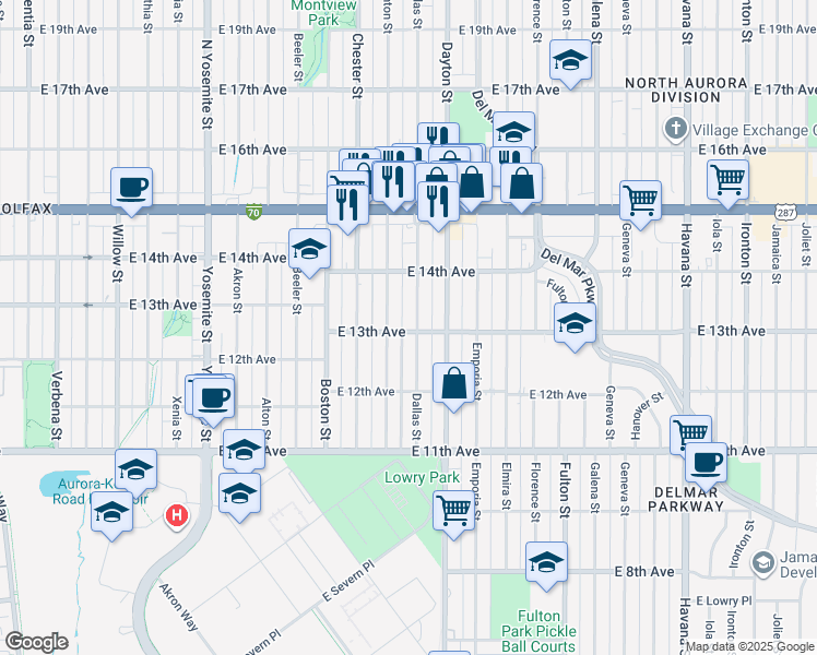 map of restaurants, bars, coffee shops, grocery stores, and more near 1301 Dallas Street in Aurora