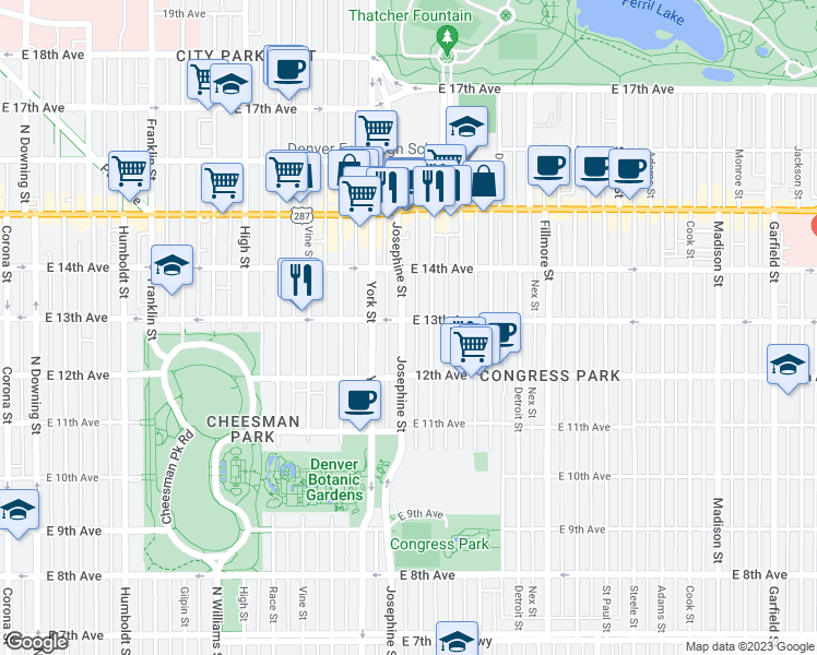 map of restaurants, bars, coffee shops, grocery stores, and more near 2400 East 13th Avenue in Denver