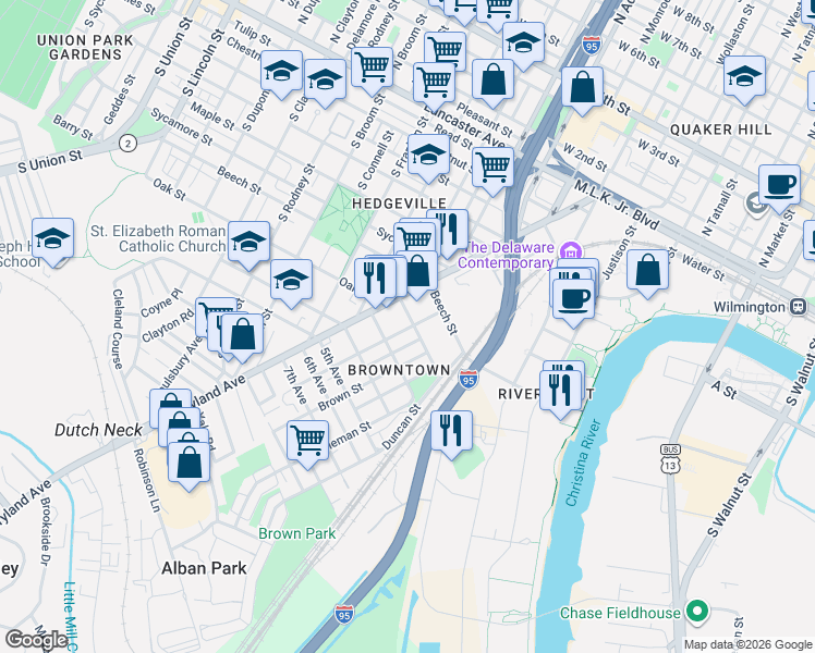 map of restaurants, bars, coffee shops, grocery stores, and more near 807 Anchorage Street in Wilmington