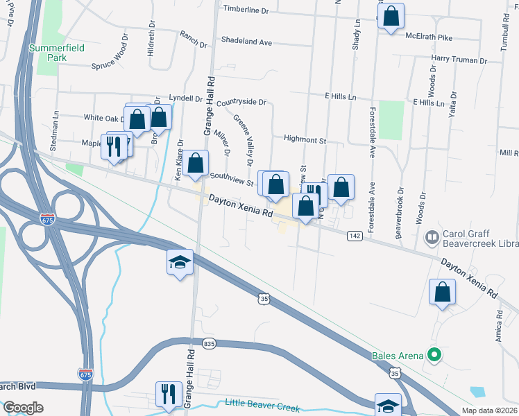 map of restaurants, bars, coffee shops, grocery stores, and more near 3887 Dayton Xenia Road in Beavercreek
